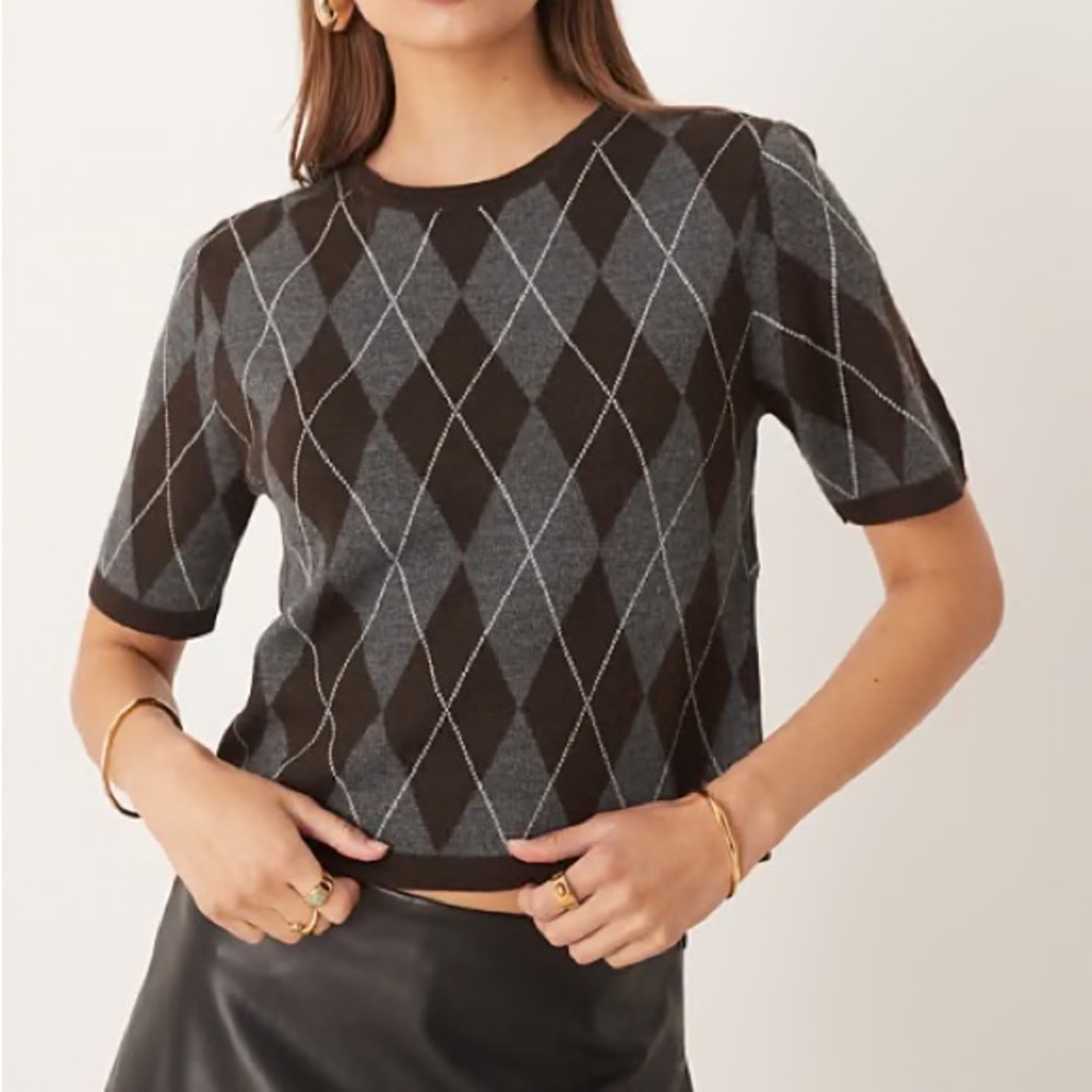 Mango Argyle Short Sleeve Sweater